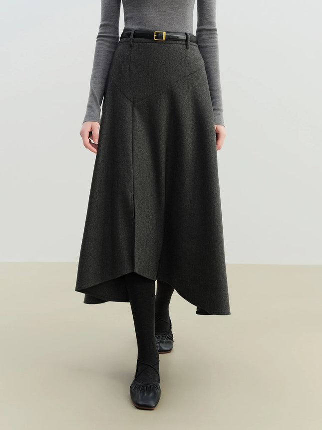ZIQIAO 2025 Winter Women's High Waist A-Line Midi Skirt Asymmetrical Seam Design - Unique Cutout Detail for Casual Office Wear PlatiNum