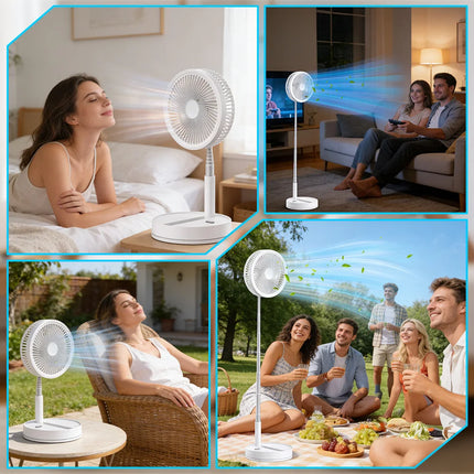 Ventilatore Portatile Pieghevole da 8000mAh, Ultra Silenzioso, Ricaricabile USB, Ventilatore da Tavolo/Scrivania, 20 Ore di Raffreddamento Senza Fili per Casa, Ufficio, Campeggio, Viaggi – Ventilatore da Terra Pieghevole Po