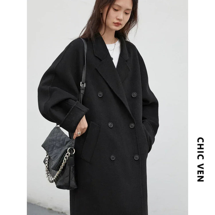 CHIC VEN Women Long Double-sided Woolen Coats Retro Loose Female Overcoat Double Breasted Ladies Windbreak Autumn Winter 2026