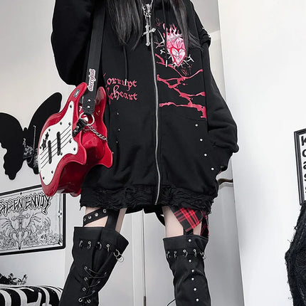 Original Print Subculture Dark Loose Cat Ear Distressed Hooded Sweatshirt Jacket Zip Up Hoodie Oversized Hoodie