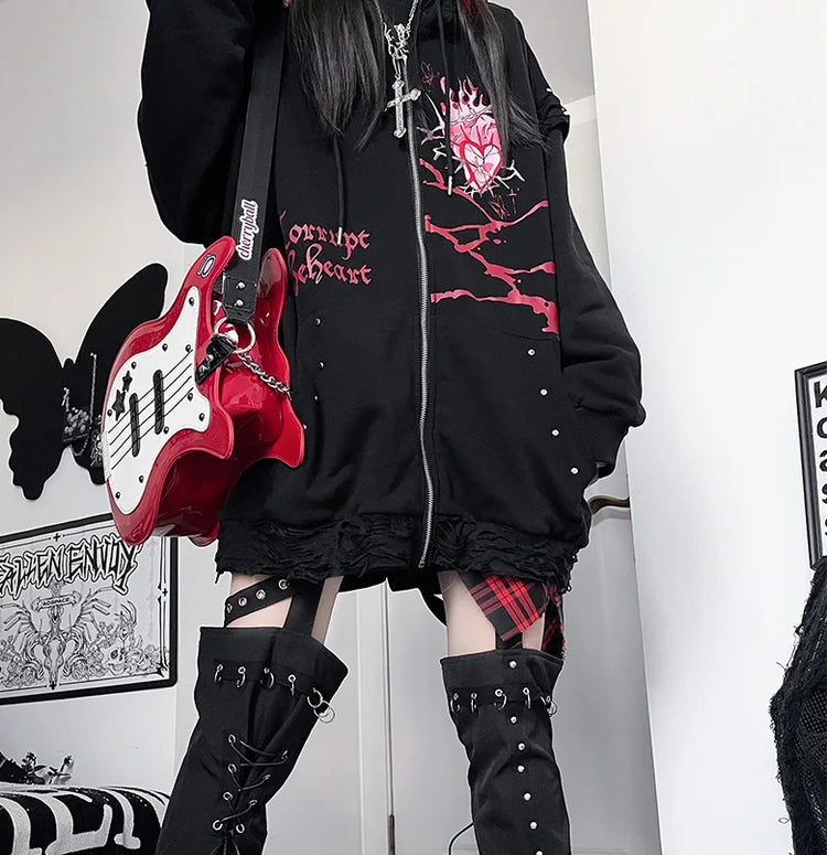 Original Print Subculture Dark Loose Cat Ear Distressed Hooded Sweatshirt Jacket Zip Up Hoodie Oversized Hoodie