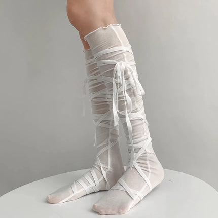 Chaussettes couvre-jambes punk pour femmes avec cravate au mollet Chaussettes à sangle au mollet de danse de ballet Chaussettes fines Y2K Chaussettes cosplay Lolita gothique japonais JK Club