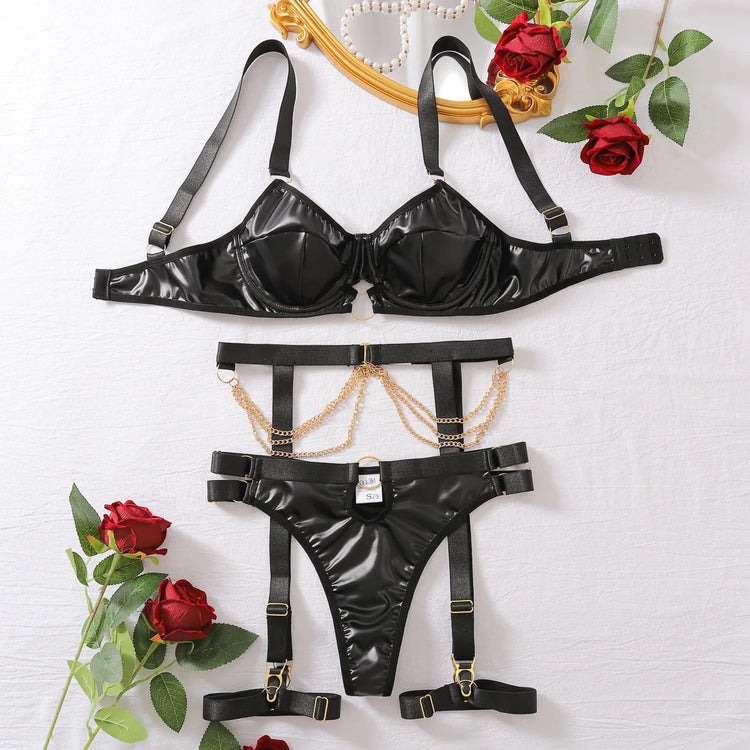 Foreign trade hot nightclub temptation metal chain sexy lingerie set spicy girl charming adjustable bra four piece set for women