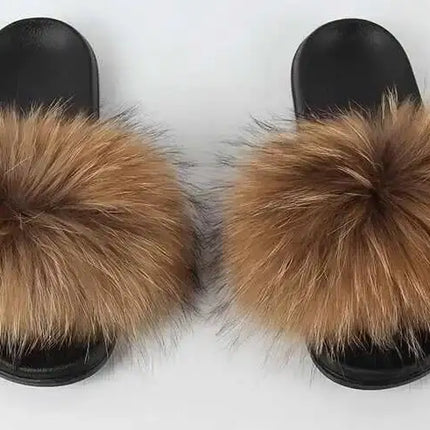 Real Raccoon Fur Slippers for Women 2023 Summer Fluffy Indoor Home Fuzzy Flat Slides Outdoor Fashion Beach Sandals Flip Flops
