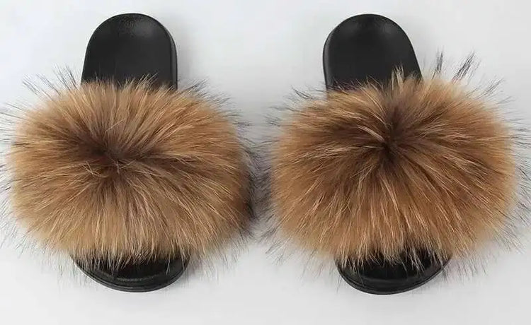 Pantofole in vera pelliccia di procione per le donne 2023 estate soffice casa interna sfocata diapositive piatte sandali da spiaggia moda all'aperto infradito