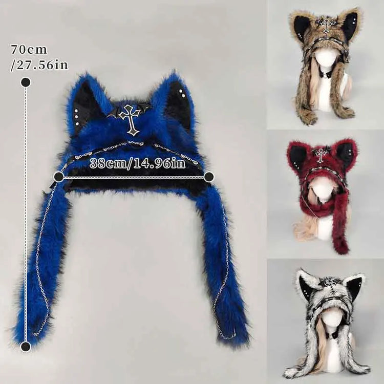 Dark Series Gothic Plush Hat Y2K Cross Metal Style Headwear Cosplay Cat Ear Hat Halloween Punk Rock Warm Cap for Women Men Child