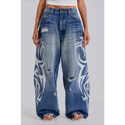 Jeans Vintage Y2k Strappati Deeptown per Donna, Pantaloni in Denim Blu Larghi con Stampa Harajuku, Stile Hip Hop Grunge Streetwear
