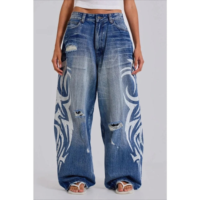 Jeans Vintage Y2k Strappati Deeptown per Donna, Pantaloni in Denim Blu Larghi con Stampa Harajuku, Stile Hip Hop Grunge Streetwear