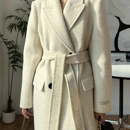High-end White Thick Double-sided Wool Cashmere Coat Long Women Fashion Casual Loose Lapel Lace-up Woolen Jacket Autumn Winter
