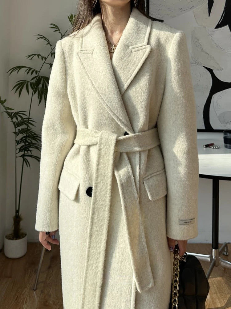 High-end White Thick Double-sided Wool Cashmere Coat Long Women Fashion Casual Loose Lapel Lace-up Woolen Jacket Autumn Winter
