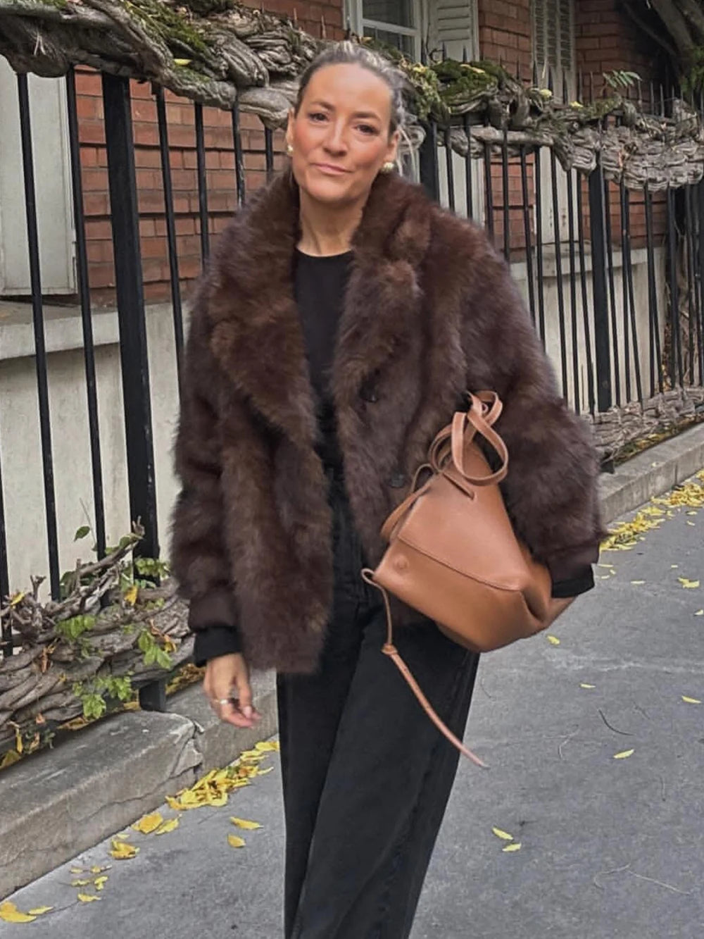 New in Reversible Double-faced Faux Fur Jacket for Women Stylish Lapel Collar Crossover Button-up Outwears Winter Brown Overcoat