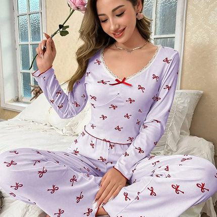 Primavera e autunno nuovi indumenti da notte da donna con fiocco a farfalla a maniche lunghe set stampato elastico da donna casual comodi vestiti per la casa