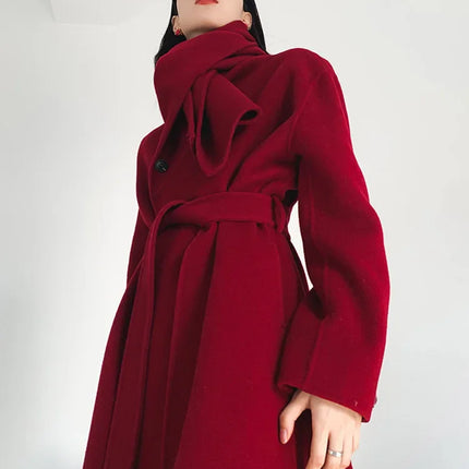 Luxury Hand-sewn Double-sided Cashmere Wool Coat Women New Mid-length Scarf Collar Loose Lace-up Warm Wool Coat Fashion Winter
