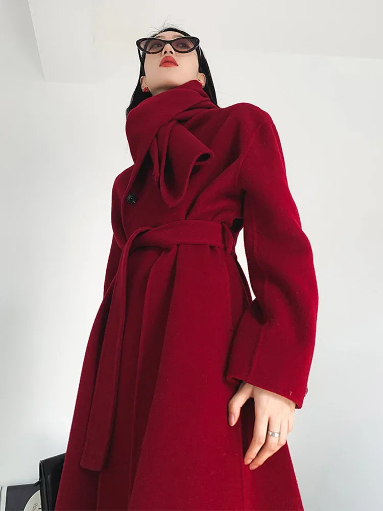 Luxury Hand-sewn Double-sided Cashmere Wool Coat Women New Mid-length Scarf Collar Loose Lace-up Warm Wool Coat Fashion Winter