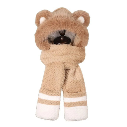 Three-in-one hat Winter Women's Plus  Bear Hat Scarf Gloves One-piece Hooded Cute Warm Plush Three-piece Suit To Prevent Cold