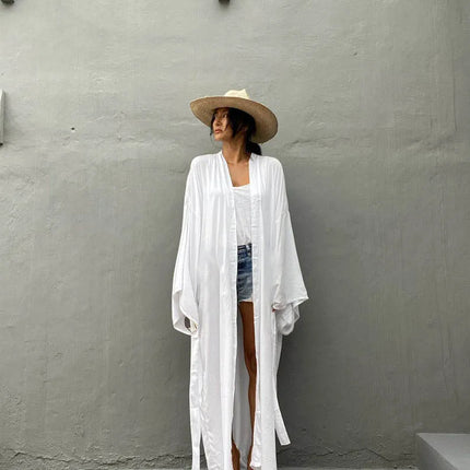 Solid Beach Cover Up Women Self Belted Wrap Kimono Dress Costume da bagno 2025 New Robe Summer Beachwear Fornitura in fabbrica platinumshop