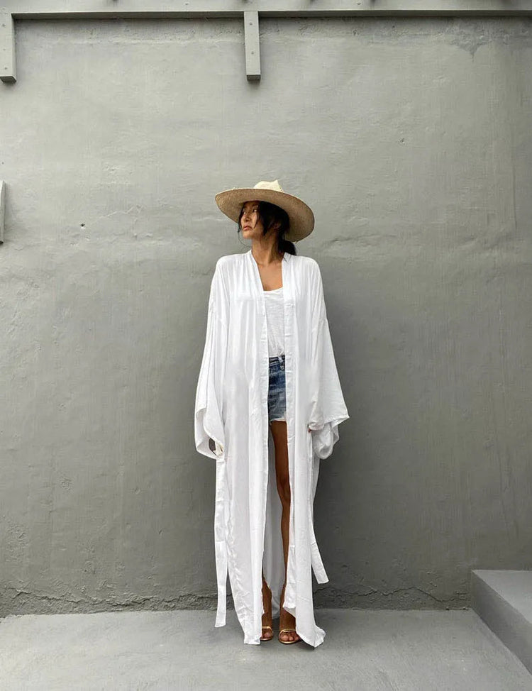 Solid Beach Cover Up Women Self Belted Wrap Kimono Dress Costume da bagno 2025 New Robe Summer Beachwear Fornitura in fabbrica platinumshop