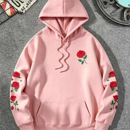Men Rose Print Pullover Hoodie Casual Long Sleeve Streetwear Hip‑Hop Hooded Sweatshirt For Autumn Winter Women Warm Fleece Tops