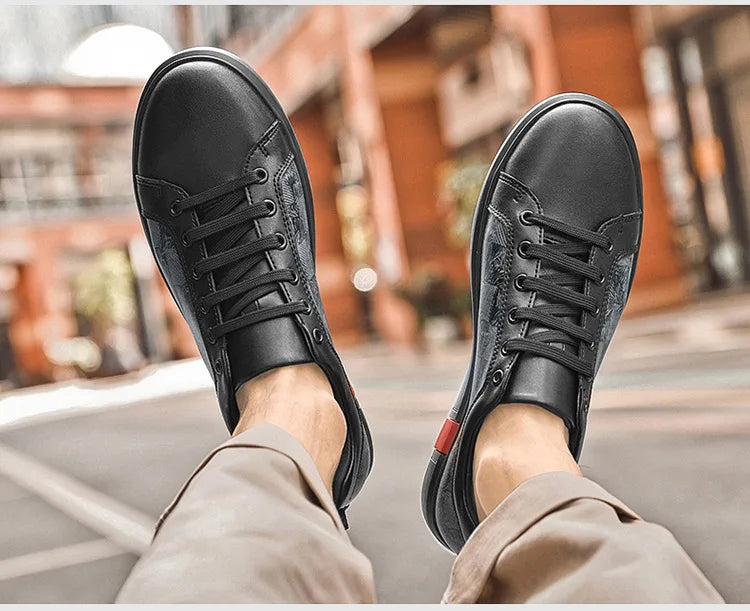 Europe New Shoes for Men Genuine Leather Casual Shoes Cool Black Flat Skateboard Shoes Street Fashion Sneakers