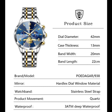 POEDAGAR Orologio da uomo di lusso Top originale impermeabile cronografo luminoso orologio da polso da uomo al quarzo in acciaio inossidabile orologi da uomo Reloj platinumshop