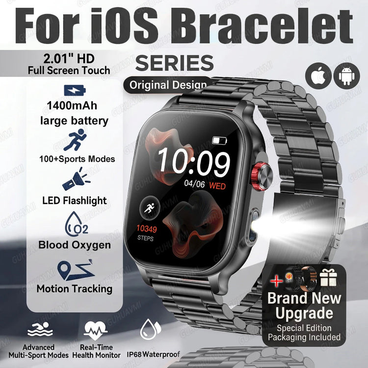 2026New Smart Watch Fitness Clock Men 2.01" AMOLED Screen 1400mAh 130+ Days Battery Life Flashlight Call Waterproof Smartwatches