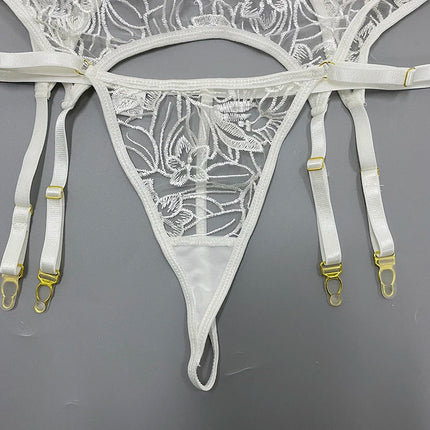 Floral Embroidery Erotic Lingerie Woman Sexy Underwear Brief Set with Garters Transparent Underwire Erotic Brief Sets Intimate