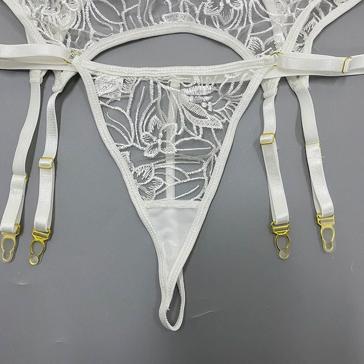 Floral Embroidery Erotic Lingerie Woman Sexy Underwear Brief Set with Garters Transparent Underwire Erotic Brief Sets Intimate