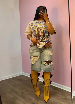 Europe America Summer New High-waisted Loose, Vintage, Ripped Denim Mid-length Straight-leg Wide-leg Pants. Casual Denim Shorts PlatiNum