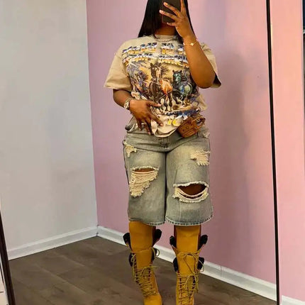 Europe America Summer New High-waisted Loose, Vintage, Ripped Denim Mid-length Straight-leg Wide-leg Pants. Casual Denim Shorts PlatiNum