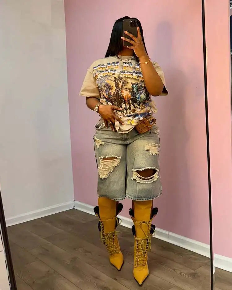Europe America Summer New High-waisted Loose, Vintage, Ripped Denim Mid-length Straight-leg Wide-leg Pants. Casual Denim Shorts PlatiNum