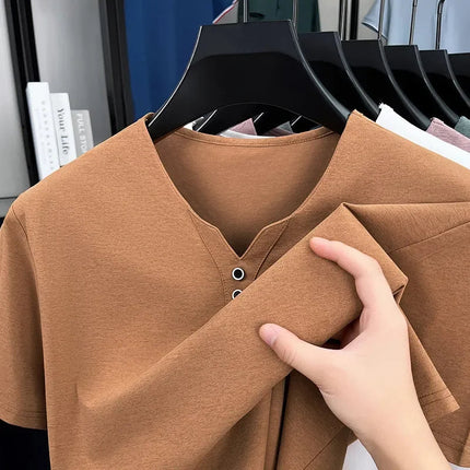New Men's Casual and Fashionable Three Button V-neck Solid Color Short Sleeved T-shirt Summer Versatile Top PlatiNum