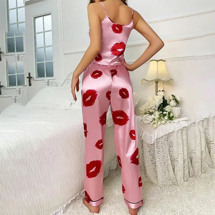 Pigiama da donna in raso con stampa labbra Top Cami con scollo a v e pantaloni elastici per le donne pigiama comodo sonno e abbigliamento da casa