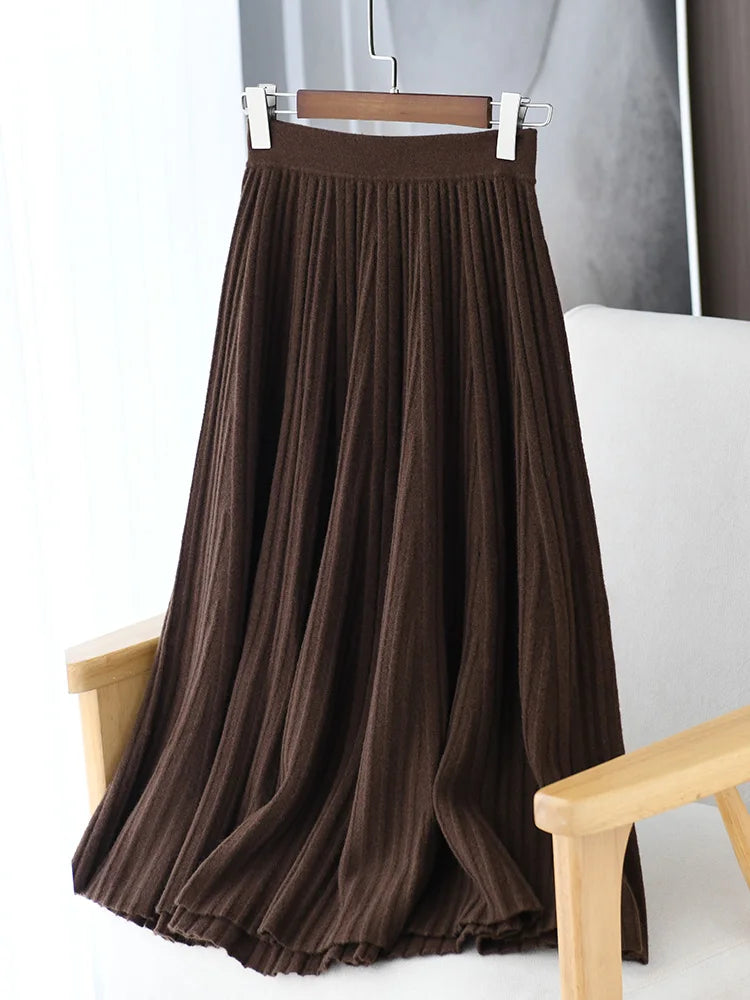 100% Merino Wool Women’s Knitted Skirt Spring Autumn Winter  Long Pleated Grace Skirts High Waist A-Line Cashmere Comfortable PlatiNum