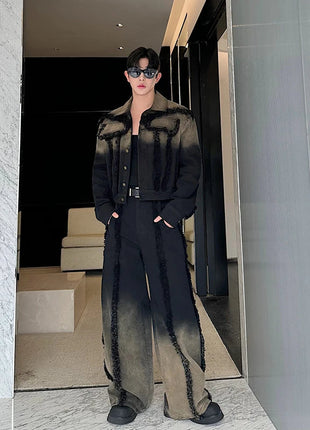 2025 New Men Denim Jacket and Jeans Set Two Piece Gradient Color Frayed Design Loose Fit High End Street Fashion Youth Trendy PlatiNum