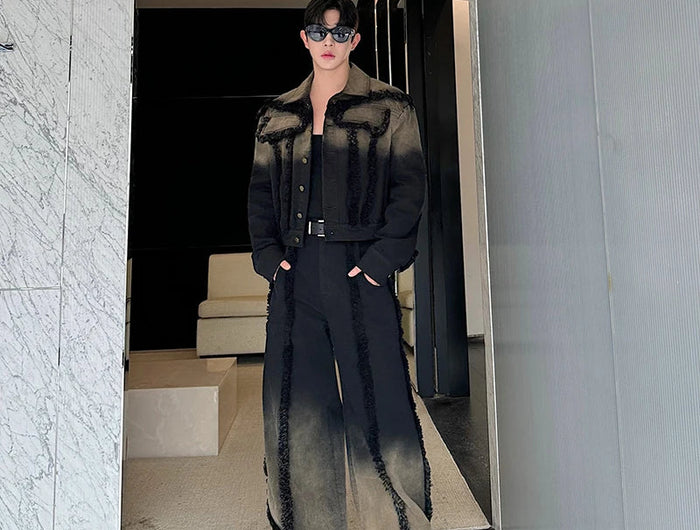 2025 New Men Denim Jacket and Jeans Set Two Piece Gradient Color Frayed Design Loose Fit High End Street Fashion Youth Trendy PlatiNum