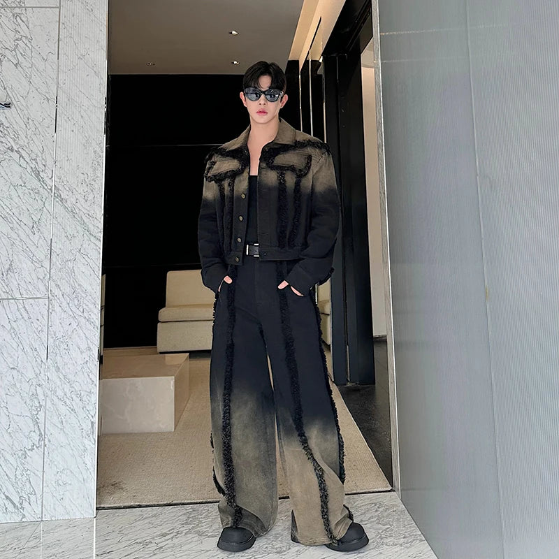 2025 Nuovi uomini Giacca di jeans e jeans Set Due pezzi Sfumatura di colore Design sfilacciato Vestibilità ampia Moda di strada di fascia alta Gioventù alla moda