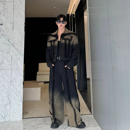 2025 Nuovi uomini Giacca di jeans e jeans Set Due pezzi Sfumatura di colore Design sfilacciato Vestibilità ampia Moda di strada di fascia alta Gioventù alla moda