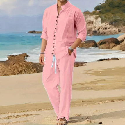 Men's Retro Cotton And Linen Set, Spring And Autumn Fashion Stand-up Collar Pocket Long Pants Long-sleeved Two-piece set PlatiNum