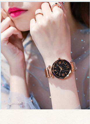 Orologi da donna con cielo stellato alla moda, fibbia magnetica, cintura in rete, orologio al quarzo con diamanti, orologio da donna platinumshop