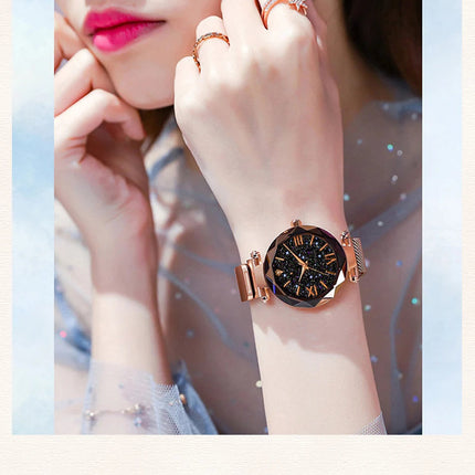Orologi da donna con cielo stellato alla moda, fibbia magnetica, cintura in rete, orologio al quarzo con diamanti, orologio da donna platinumshop