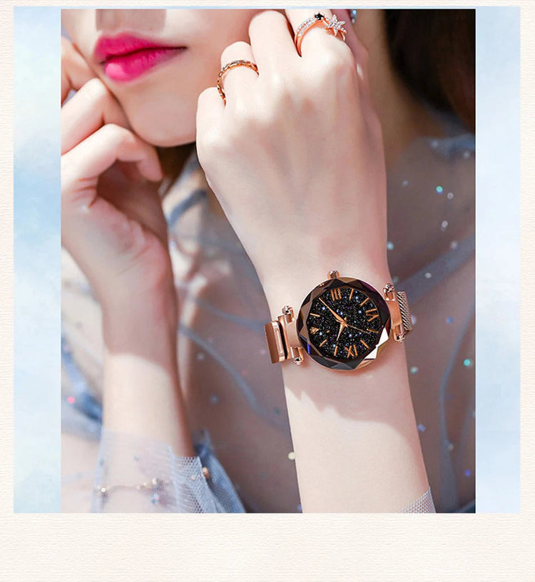 Orologi da donna con cielo stellato alla moda, fibbia magnetica, cintura in rete, orologio al quarzo con diamanti, orologio da donna platinumshop