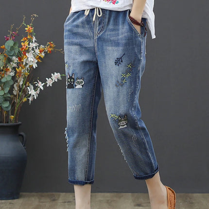 Amax luluE 2025 Moda Estate Streetwear Pantaloni in denim Donna Vintage Jeans elastici Donna Casual Allentato Ricamo Pantaloni Harem
