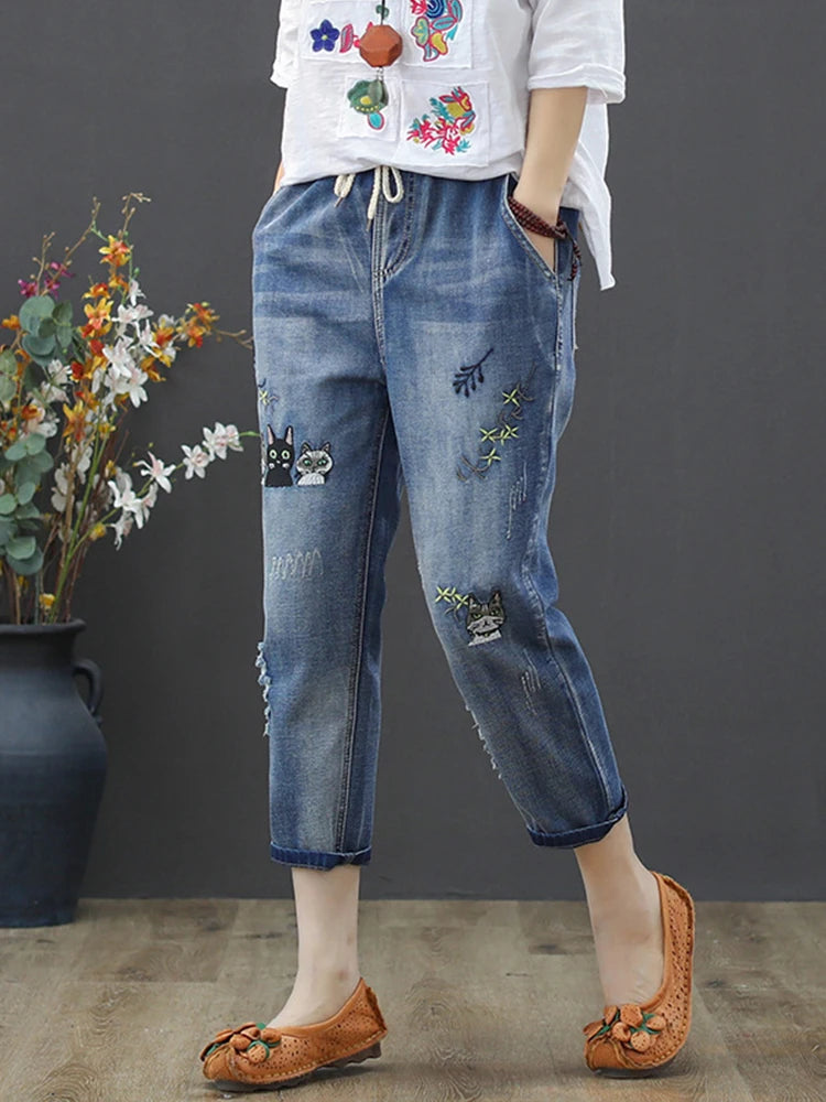 Amax luluE 2025 Moda Estate Streetwear Pantaloni in denim Donna Vintage Jeans elastici Donna Casual Allentato Ricamo Pantaloni Harem