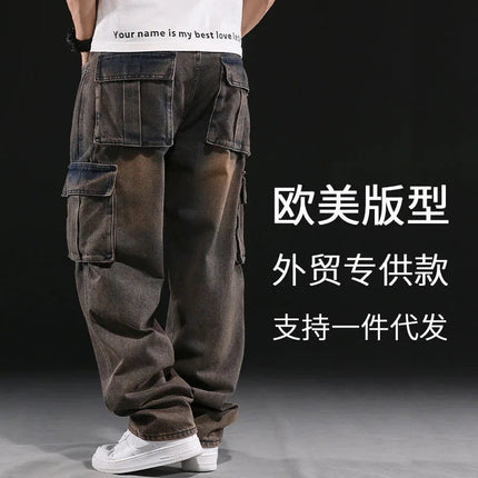 Wide Leg Pant Distressed Cargo Jean Men Jeans Washed Denim Patchwork Solid Full Length Pants Loose Pockets High Street 2025 PlatiNum