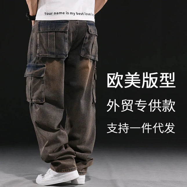 Wide Leg Pant Distressed Cargo Jean Men Jeans Washed Denim Patchwork Solid Full Length Pants Loose Pockets High Street 2025 PlatiNum