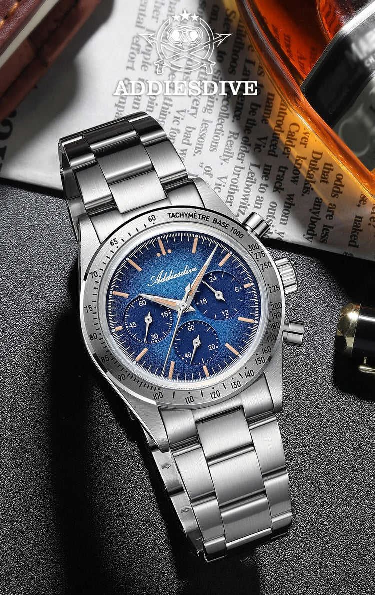 ADDIESDIVE Chronograph Watch For Men 10Bar Waterproof 316L Stainless Steel 0S20 C3 Vintage Luminous Luxury  Quartz Watch AD2552