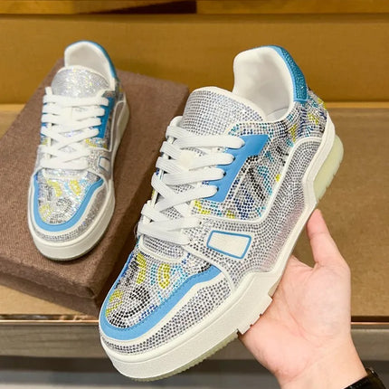 Men Diamonds Crystal Patchwork Suede Genuine Leather Shoes Lace Up Round Toe Thick Bottom Casual Shoes Height Increase Platform