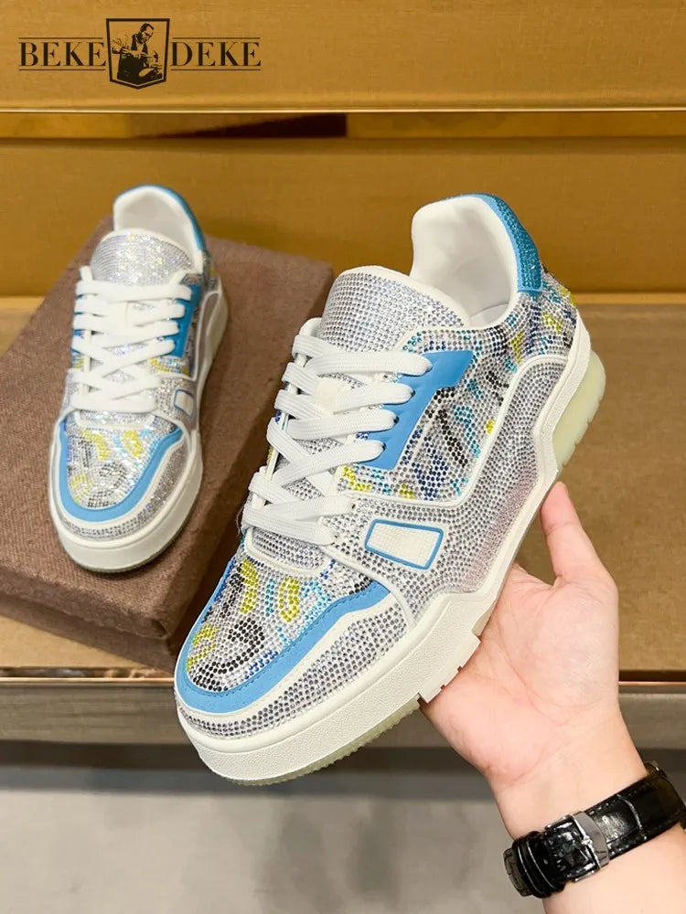 Men Diamonds Crystal Patchwork Suede Genuine Leather Shoes Lace Up Round Toe Thick Bottom Casual Shoes Height Increase Platform