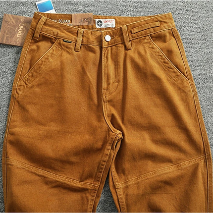Retro heavy simple cargo pants men's loose straight leg casual pants pure cotton twill woven 3D vertical cut cone pants