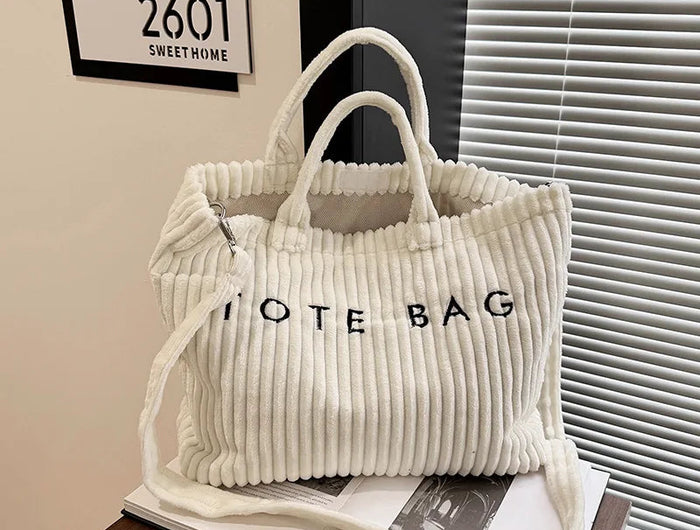 Simple Letter Soft Corduroy Shoulder Bags for Women Versatile Large Capacity Ladies Crossbody Bag Portable Female Handbags Tote PlatiNum
